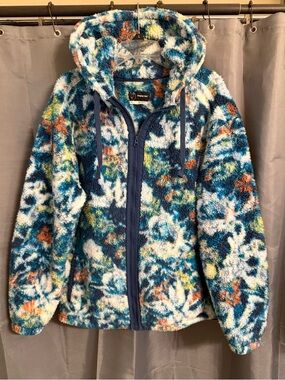 Original Use Plush Hooded Zip Jacket in Blue, Teal, Orange, Cream